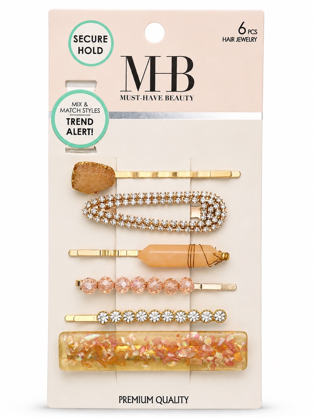 Must-Have Beauty 6-Piece Hair Jewelry Set Blush & Gold Hair Clips NWT